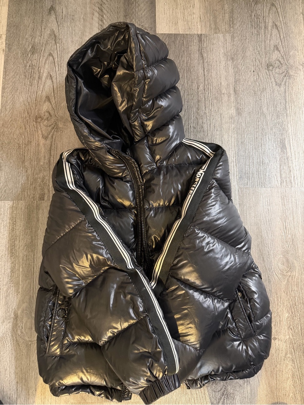 Moncler Shiny Black Hooded Kids Puffer Jacket